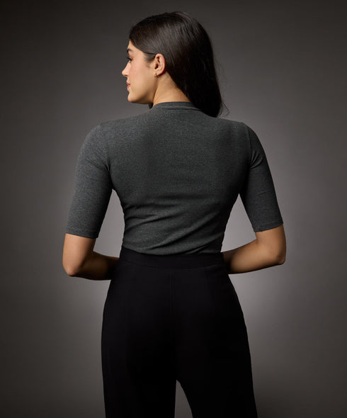 Short Sleeve High Neck Rib Top- Dark Grey